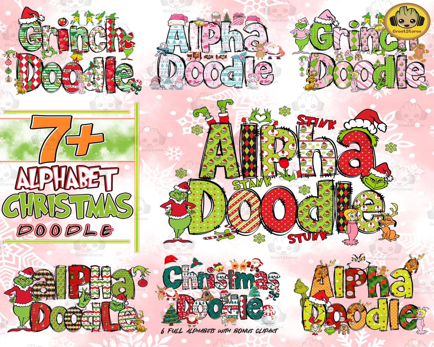 7 Set Christmas Alpha Doodle Png Bundle, Christmas Character Alphabet Bundle, Christmas Hot Custom Png, digital download, Instant Download