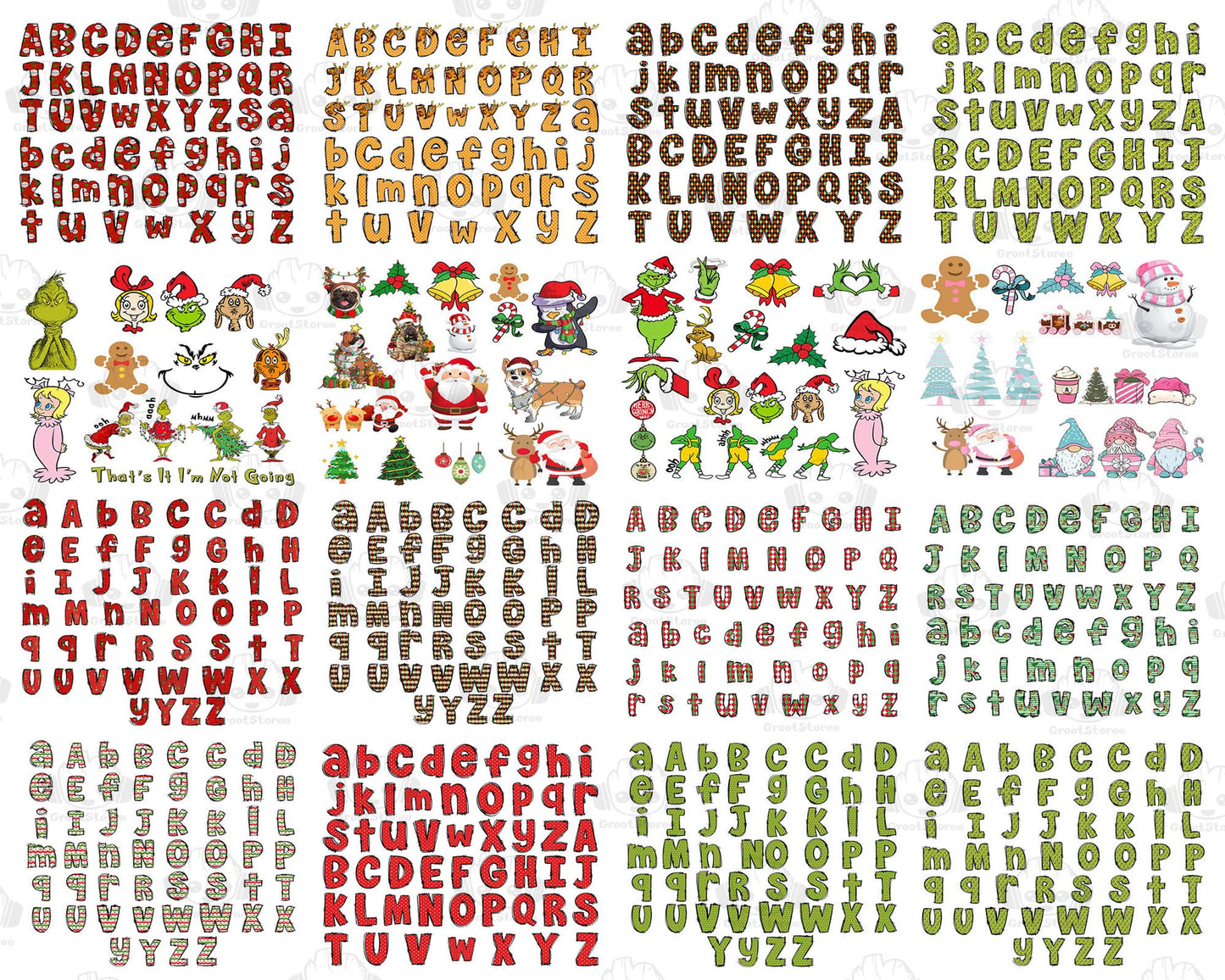 7 Set Christmas Alpha Doodle Png Bundle, Christmas Character Alphabet Bundle, Christmas Hot Custom Png, digital download, Instant Download