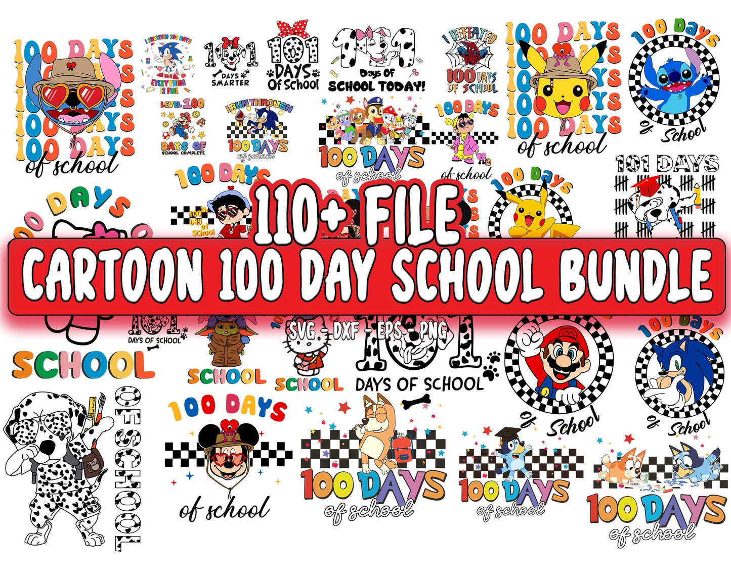 Cartoon 100 day school bundle svg, 110+ file cartoon 100 day school SVG DXF PNG EPS , cricut , file cut , Silhouette, digital download, Instant Download
