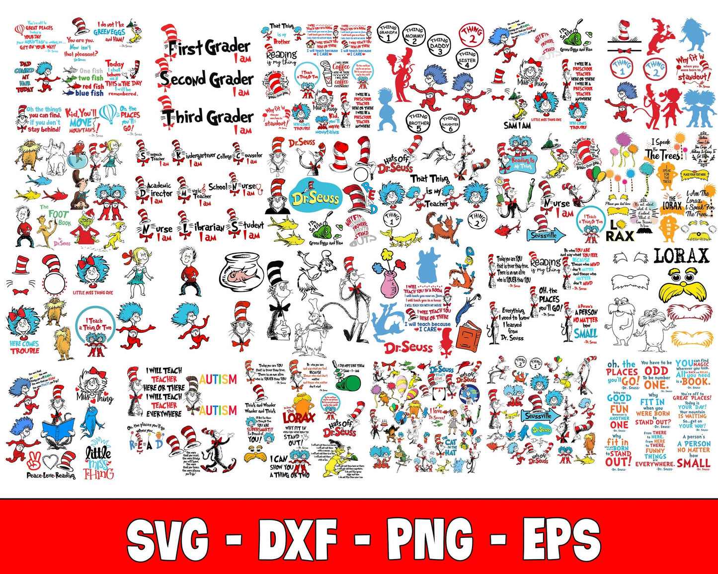Dr Seuss SVG Bundle - 1200+ files Dr Seuss SVG, EPS, PNG, DXF , bundle dr seuss svg, cat in the hat, the lorax svg, thing 1 thing 2, peace love reading for Cricut, Silhouette