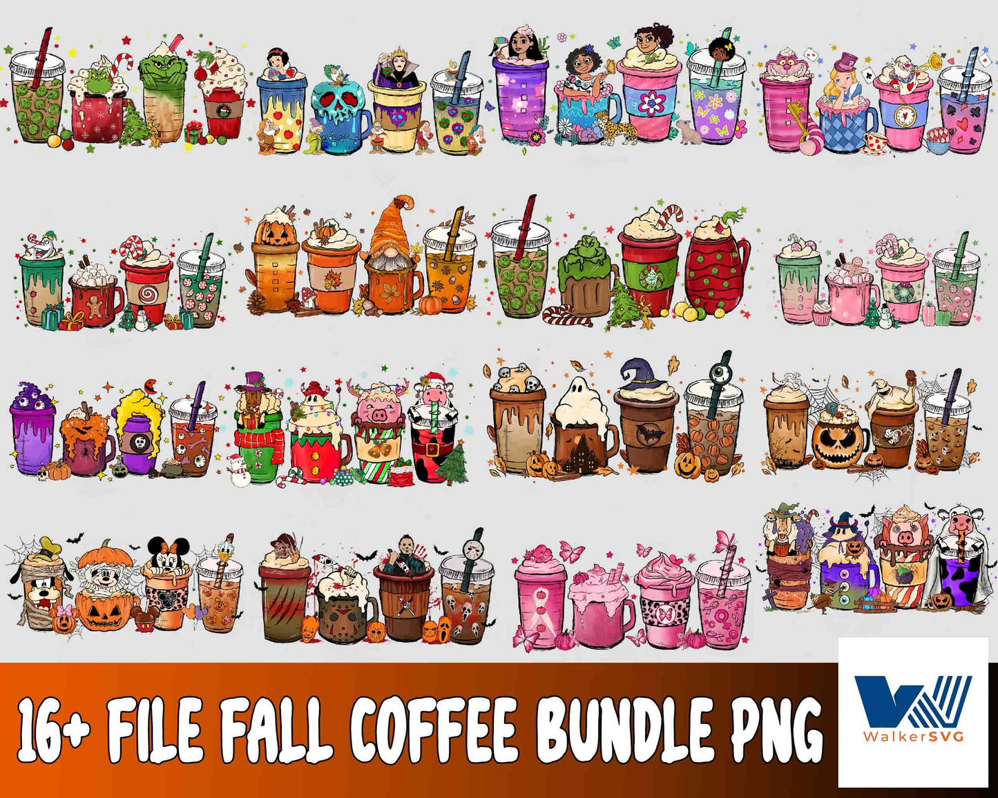 Fall Coffee bundle png,16+ file Fall Coffee Halloween, Christmas , cartoon bundle PNG ,bundle halloween PNG , Silhouette , Digital download