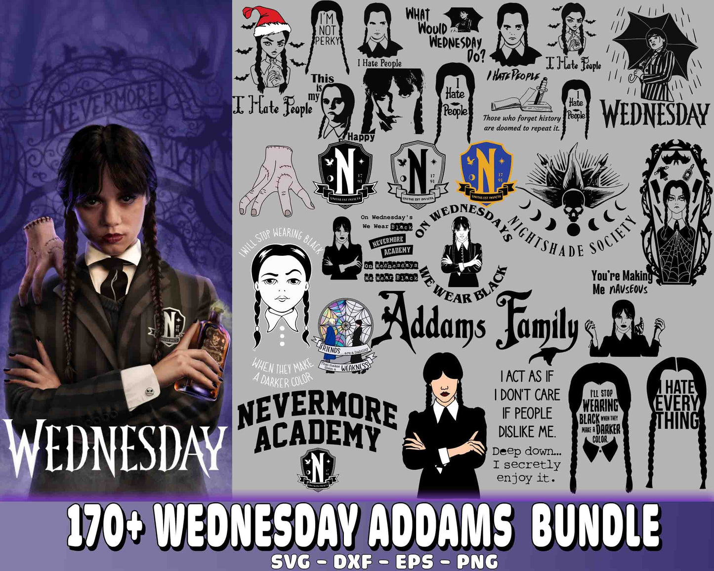 Wednesday Addams SVG Bundle - 170+ file Wednesday Addams SVG, EPS, PNG, DXF for Cricut, Silhouette, digital download