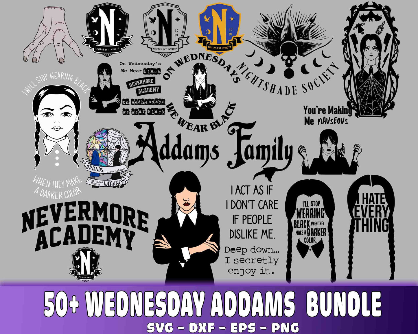 Wednesday Addams SVG Bundle - 50+ file Wednesday Addams SVG, EPS, PNG, DXF for Cricut, Silhouette, digital download