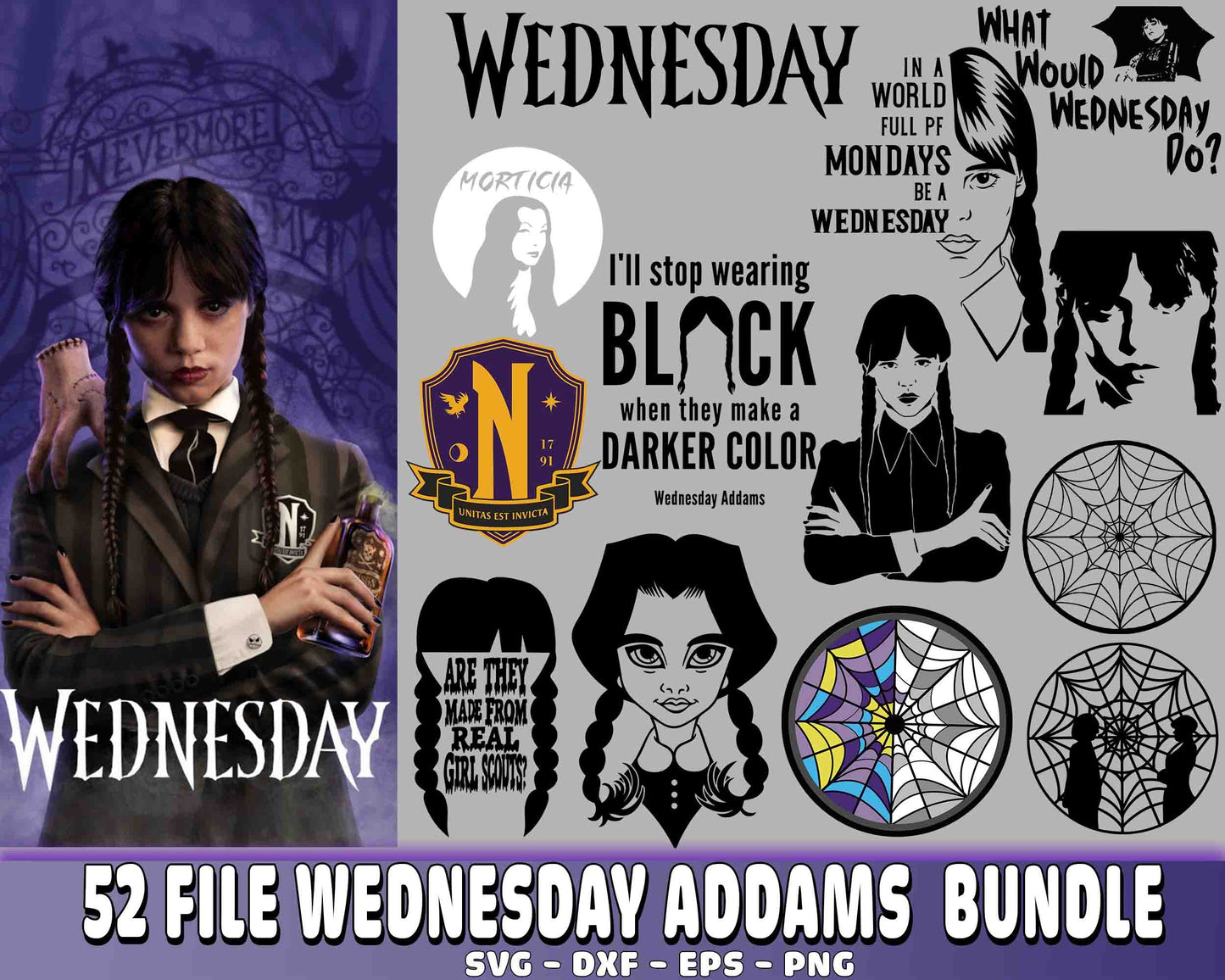 Wednesday Addams SVG Bundle - 52 file Wednesday Addams SVG, EPS, PNG, DXF for Cricut, Silhouette, digital download