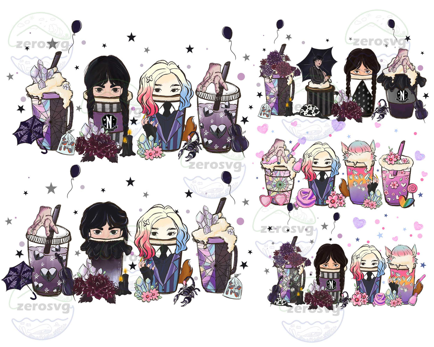 Wednesday Addams PNG Bundle - 5 file wednesday adam coffee bundle PNG for Cricut, Silhouette, digital download