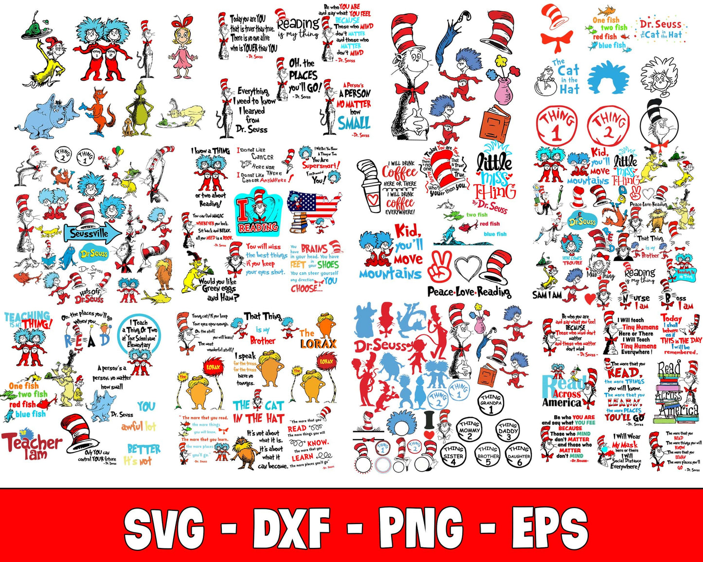 Dr Seuss SVG Bundle - 600+ files Dr Seuss SVG, EPS, PNG, DXF , bundle dr seuss svg, cat in the hat, the lorax svg, thing 1 thing 2, peace love reading for Cricut, Silhouette