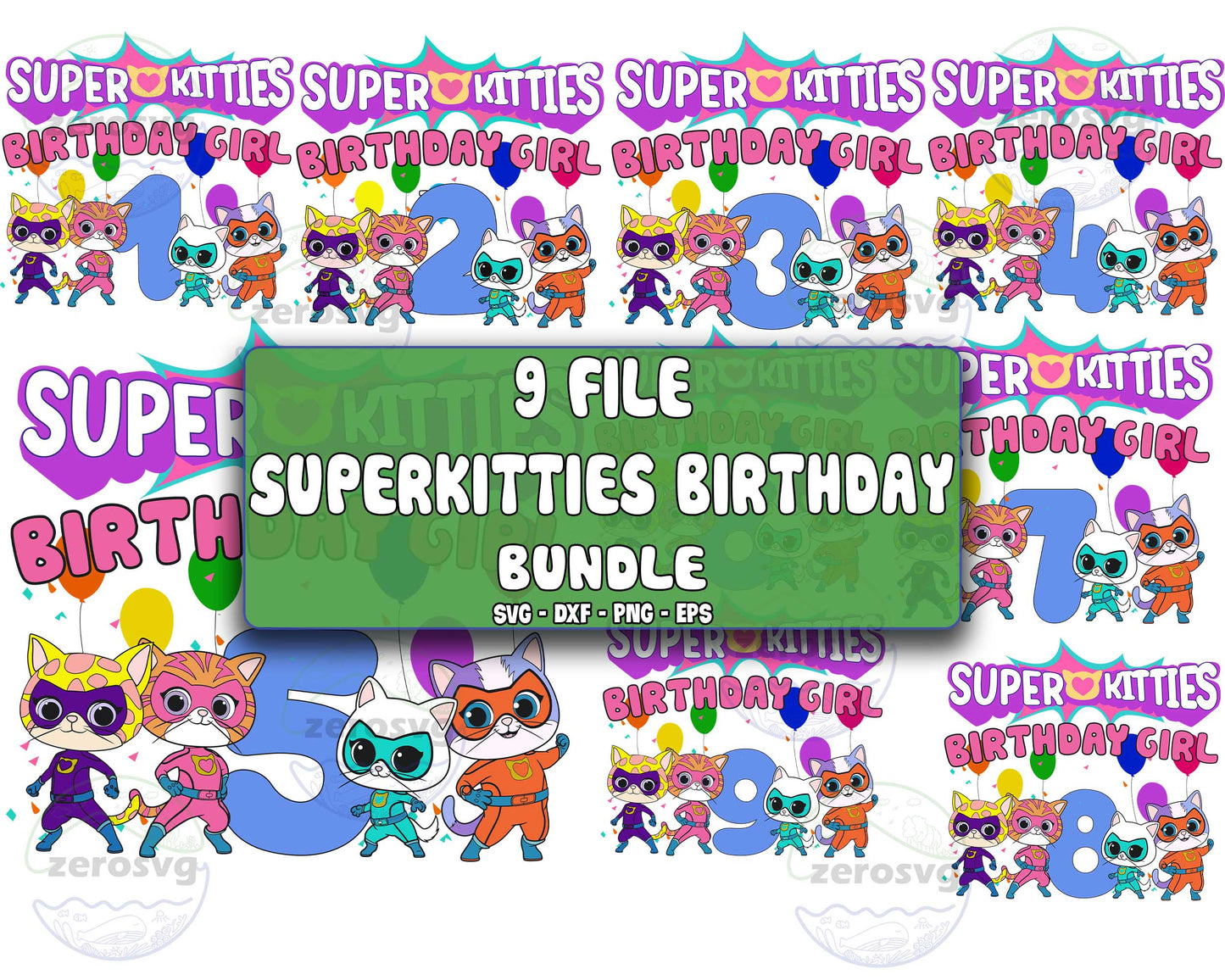 9 file Junior SuperKitties Birthday Girls Number bundle, SuperKitties Birthday Girls SVG EPS DXF PNG , Cutting Image, cricut , file cut , digital download ,Instant Download