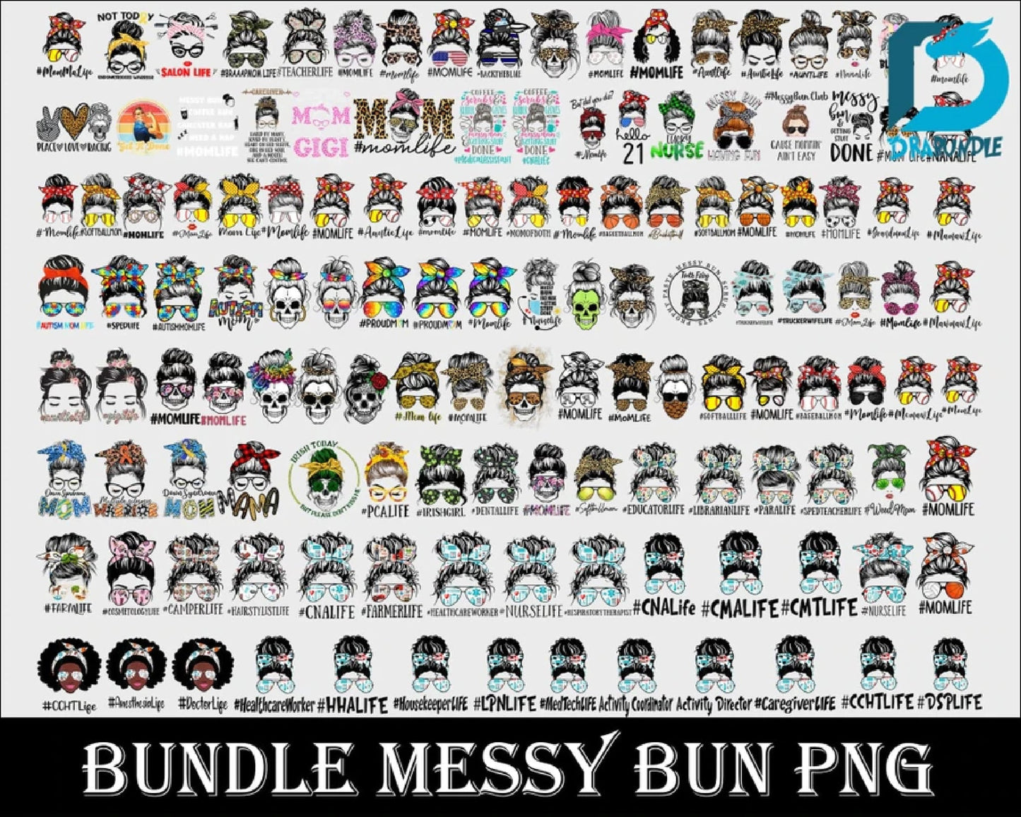 160+Messy bun svg, Messy bun with glasses svg, momlife svg, mom skull svg, messy bun classy afro woman svg - Printable, Cricut & Silhouette