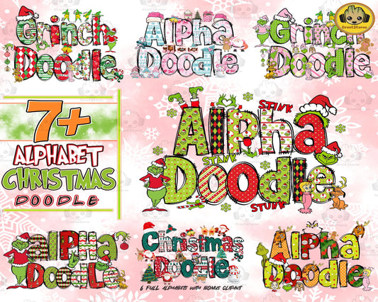 7 Set Christmas Alpha Doodle Png Bundle, Christmas Character Alphabet Bundle, Christmas Hot Custom Png, digital download, Instant Download