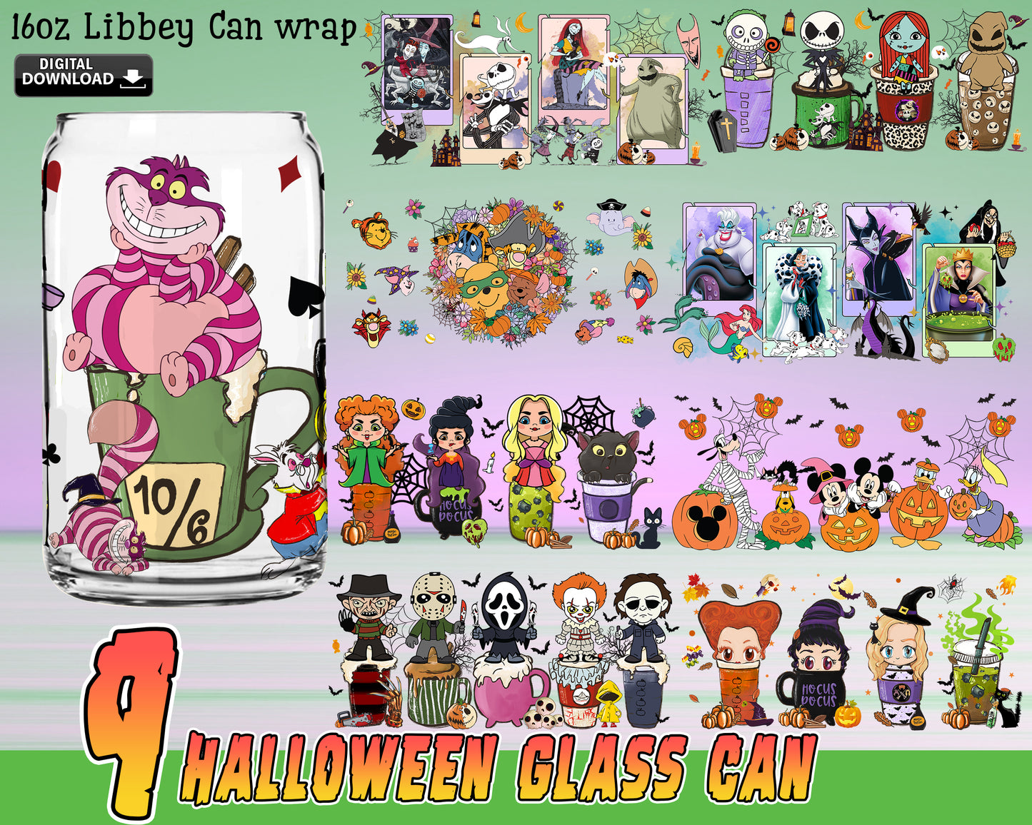 8 file Halloween Glass Can Wrap Png Bundle, Stitch horror bundle png , Digital Download ,Instant Download