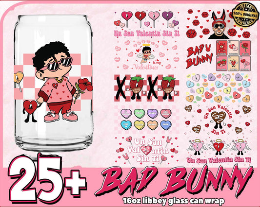 Valentine Bad Bunny Glass Can Wrap Png Bundle , 25+file Happy Valentine 16oz Libbey Glass Wrap SVG DXF EPS PNG, Cutting Image, File Cut , Digital Download, Instant Download